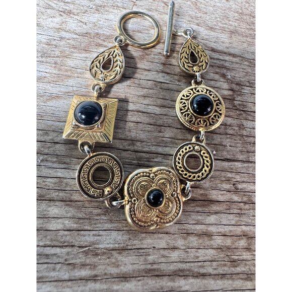 Vittorio Jewelry - Vittorio Gold Tone Bracelet with Black Cabochons Ornate Medallion Link Design